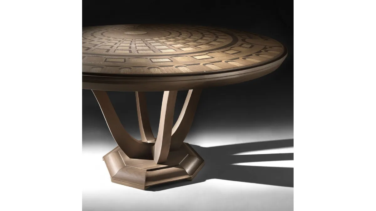 Tavolo rotondo Palazzi Pantheon in legno intarsiato a mano di Arte Brotto