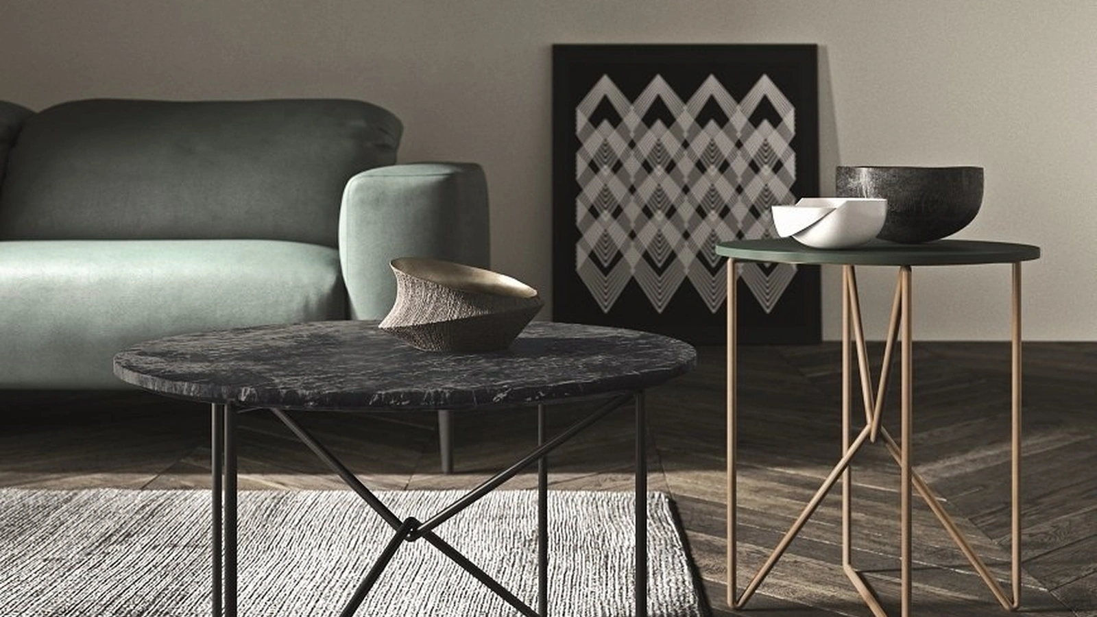 Tavolino rotondo MW con base in metallo e top effetto marmo o laccato opaco di Presotto