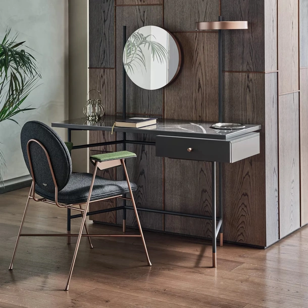 Scrittoio Vanity con top in marmo, cassetto in legno laccato e struttura in acciaio di Bontempi