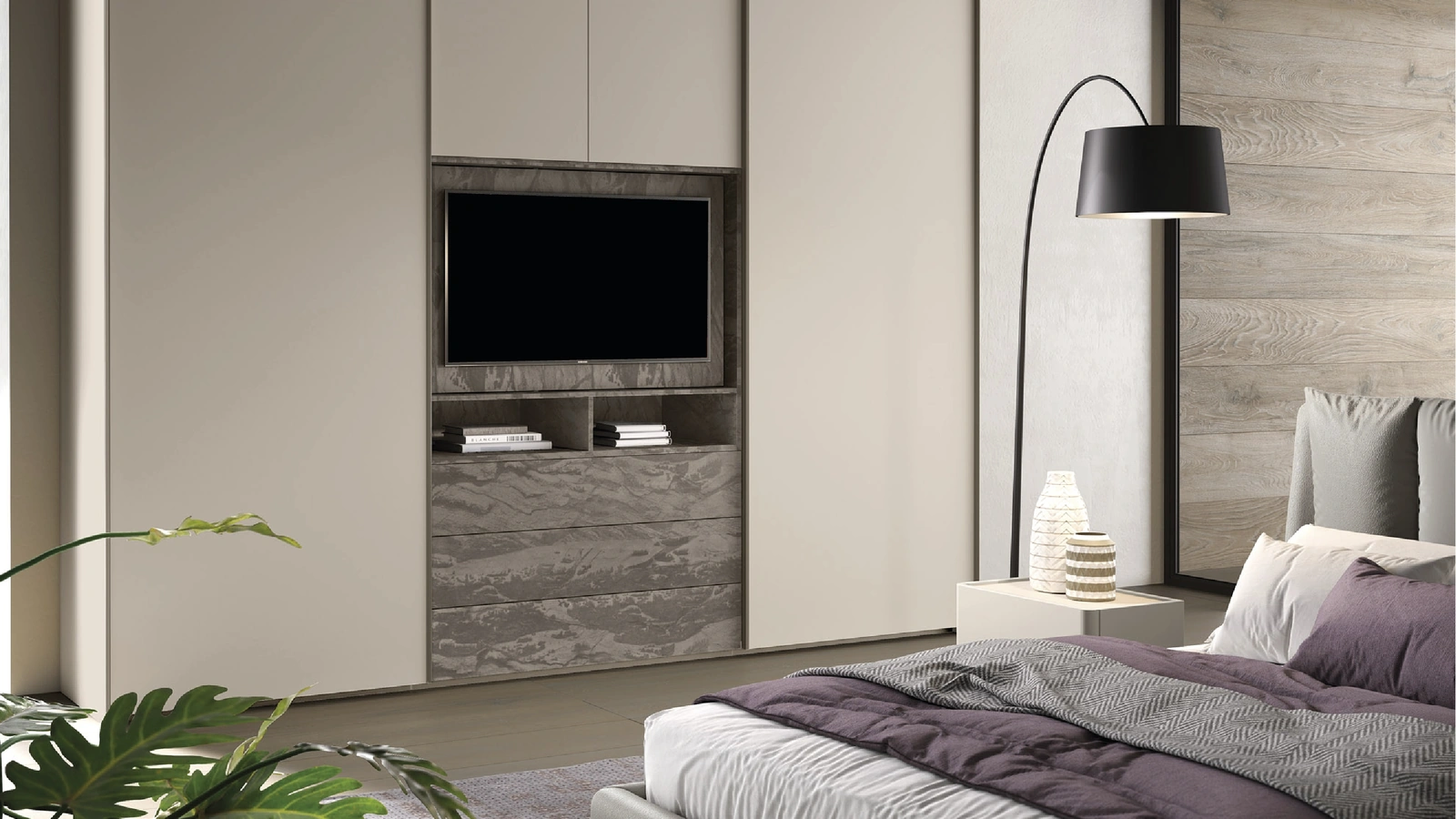 Armadio Composizione 33 con ante scorrevoli in laccato opaco e materico decor con pannello porta TV di Corso 11