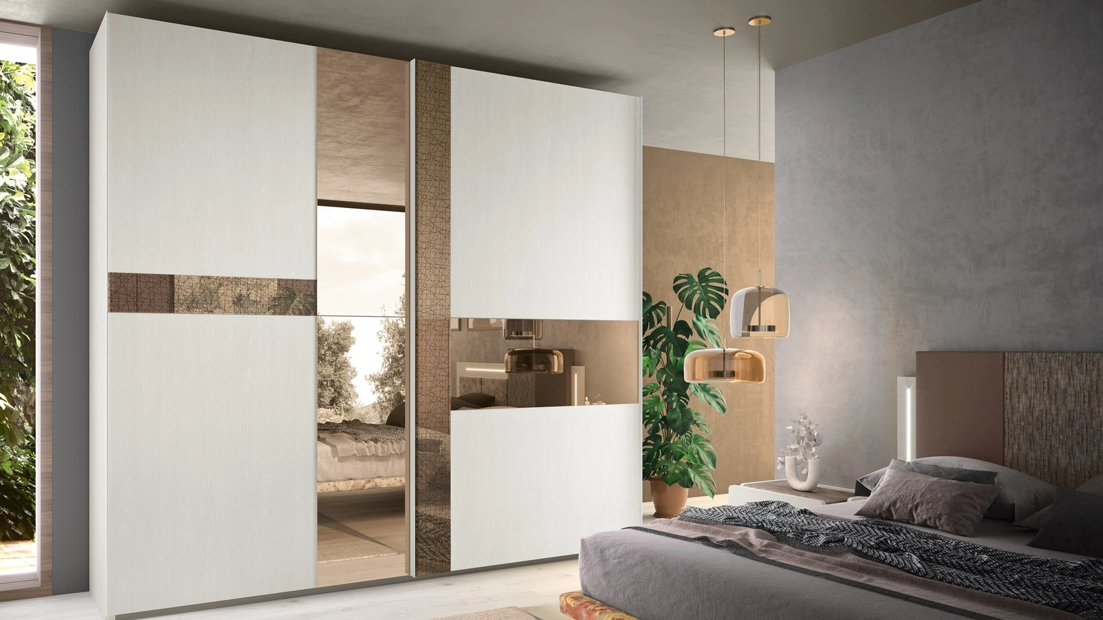 Armadio Composizione 16B con ante scorrevoli in melaminico effetto legno e inserti a specchio bronzato con e senza decoro di Corso 11