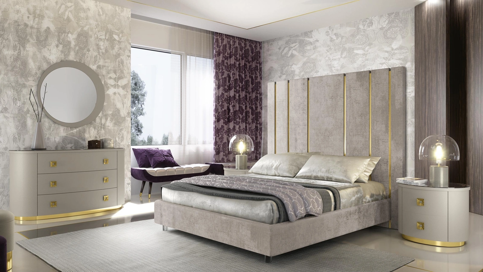 Letto con testiera imponente arricchita da scanalature dorate Duse di Adriatica