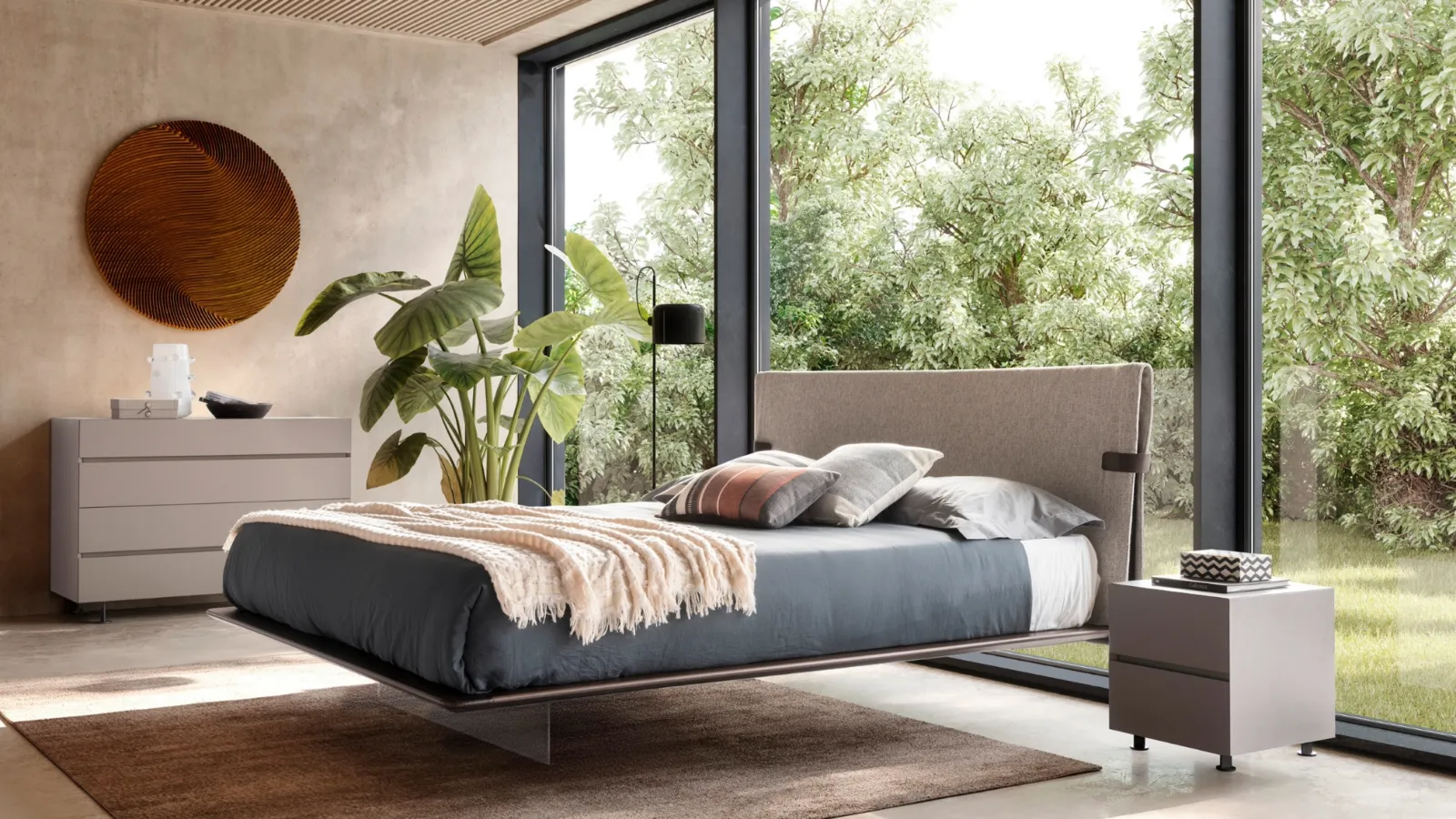 Letto con testiera in tessuto e giroletto in essenza Eucalipto Dress Code di Presotto