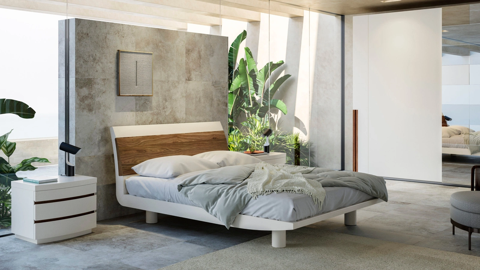 Letto in legno laccato bianco e testiera con inserto in frassino naturale Lekurve di Fazzini