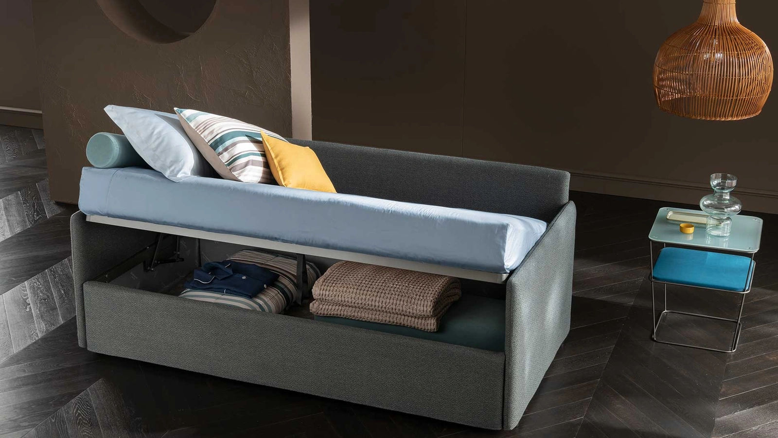 Letto singolo in tessuto con box contenitore comodo e capiente Soul Young Teddy Ponte di Altrenotti
