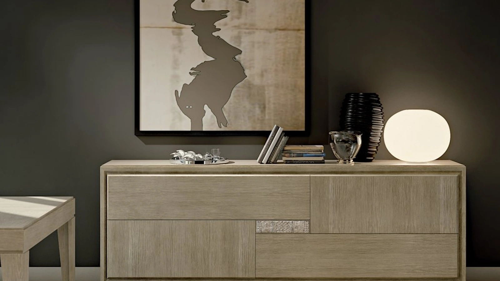 Madia Segreti S490 in legno massello di Rovere con vano segreto nascosto dietro l'intarsio in ceramica artistica di Arte Brotto
