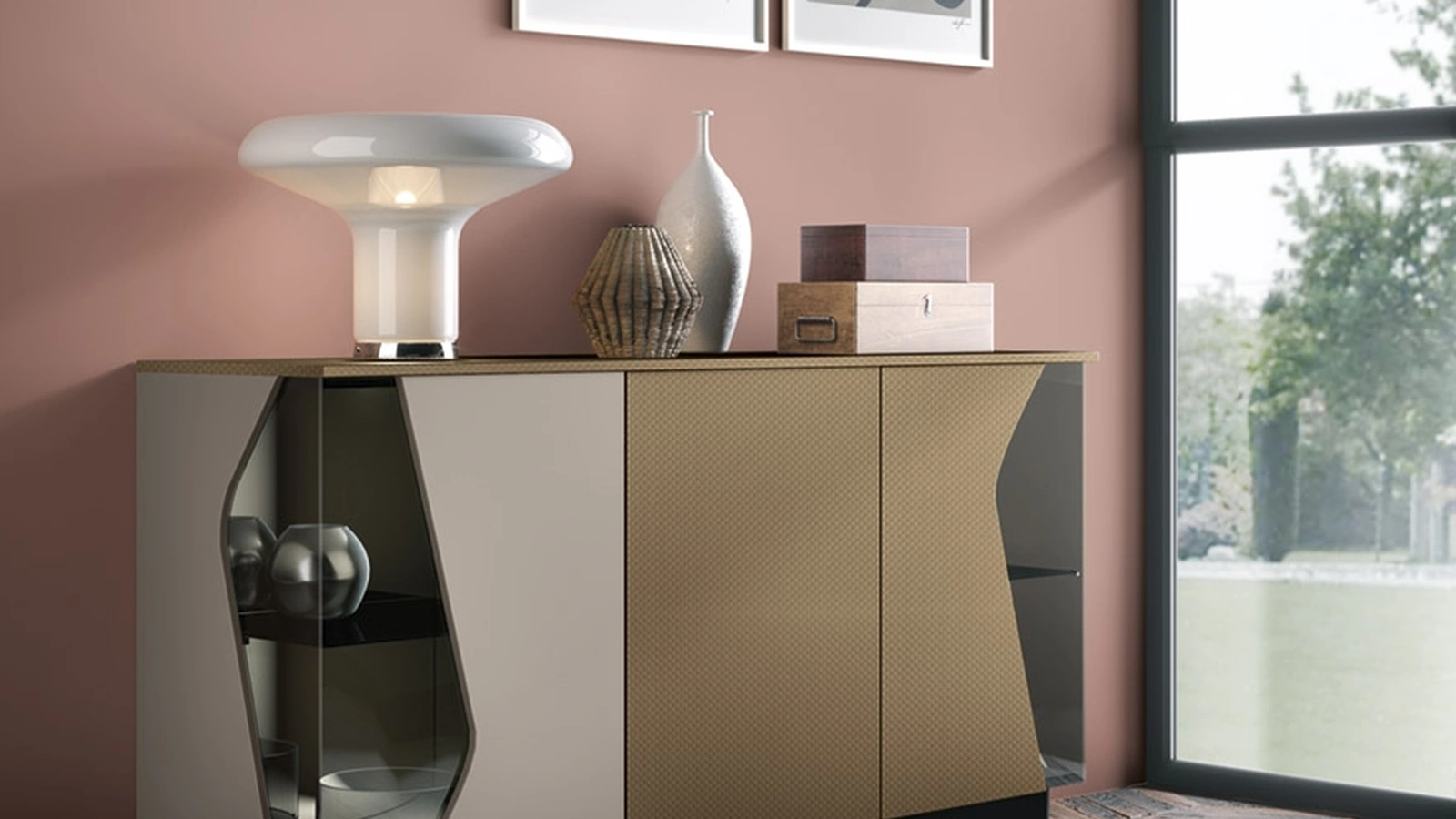Madia Composizione G320M 02 in materico decor e laccato opaco con inserti in vetro di Corso 11
