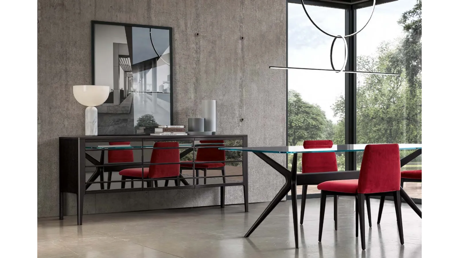 Madia in noce canaletto finitura antracite con ante specchiate Shanghai di Modesign