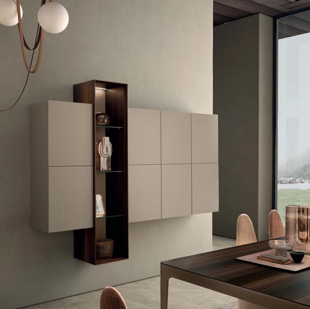 Mobile sospeso I ModulART 06 in laccato opaco con colonna a giorno in legno di Presotto