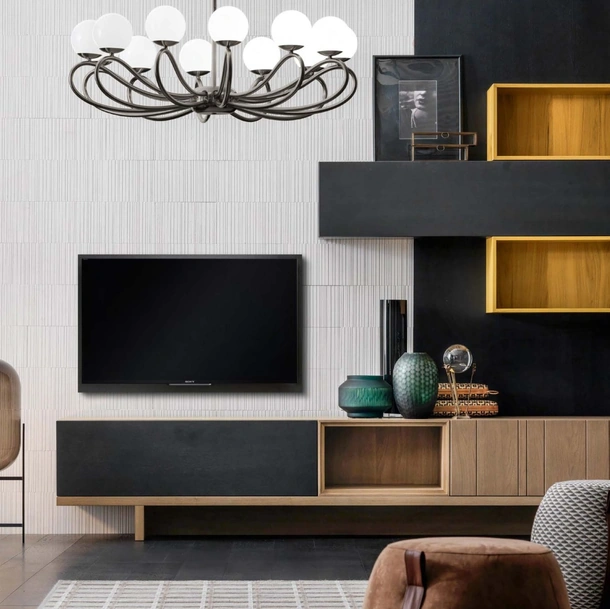 Parete Attrezzata in noce canaletto finitura antracite e giallo Composizione 84 di Modesign