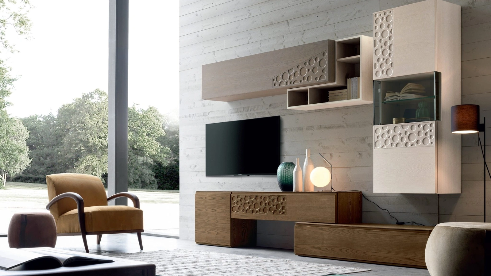 Parete Attrezzata con decorazioni in finitura frassino Castagna, Latte e Perla Moon Comp 002 di Modo 10