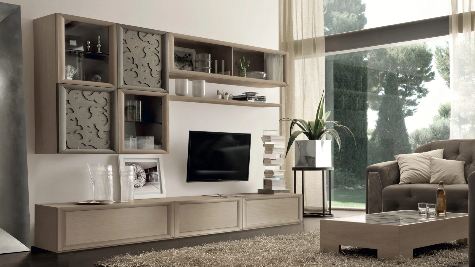 Parete Attrezzata in legno con ante decorate Portofino Comp 108 di Modo 10