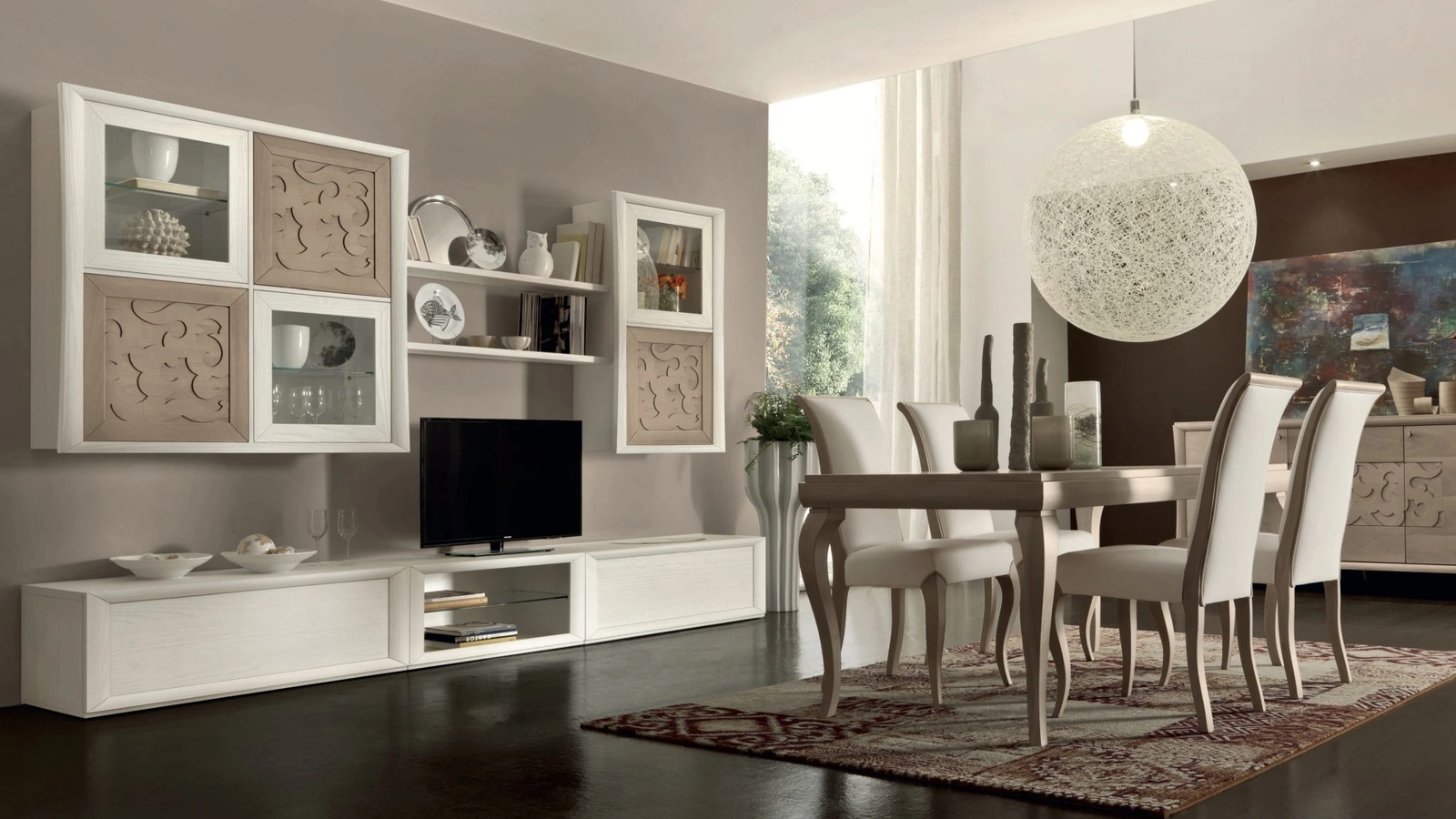 Parete Attrezzata Portofino in legno laccato bianco con ante in legno naturale decorato e in vetro Comp 116 di Modo 10