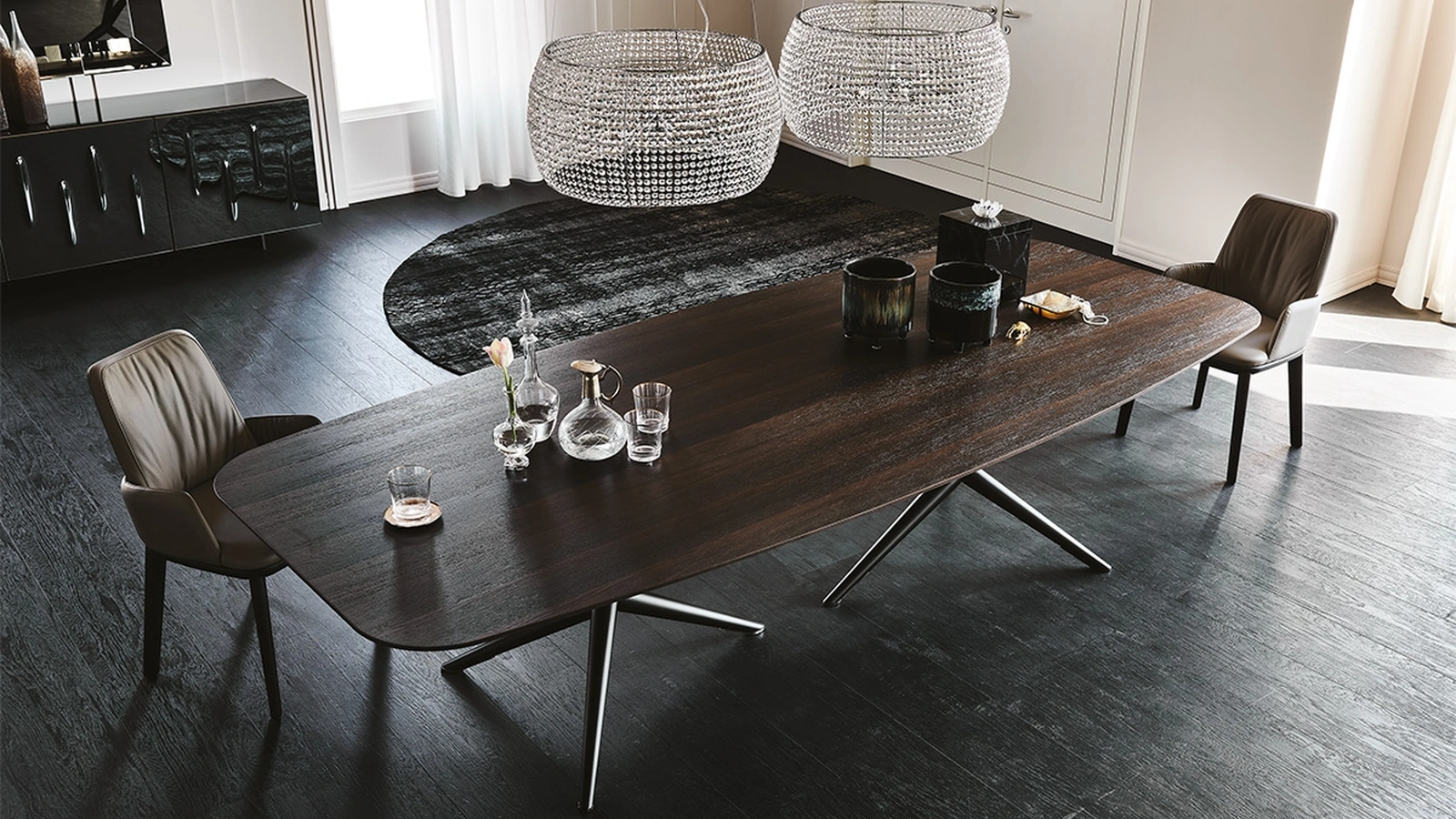 Tavolo con base in acciaio verniciato e piano in noce Atlantis Wood di Cattelan Italia