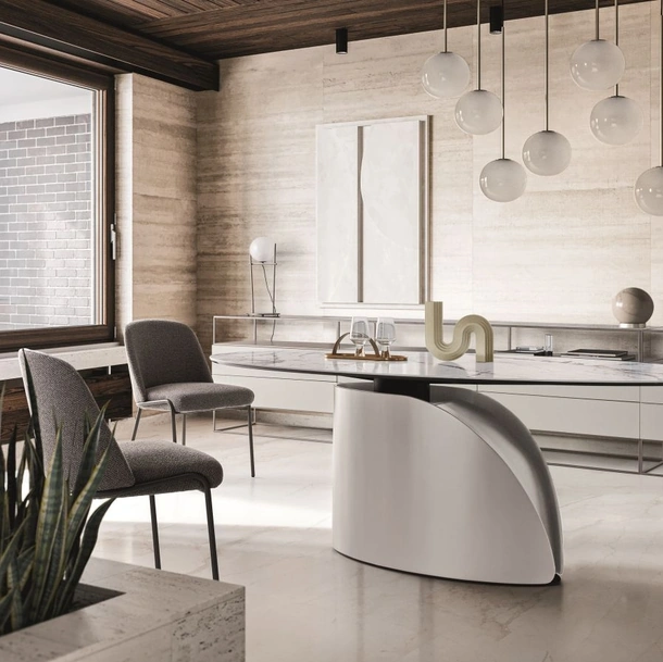 Tavolo di design Central Park con top in marmo e base scultura in metallo di Ditre Italia