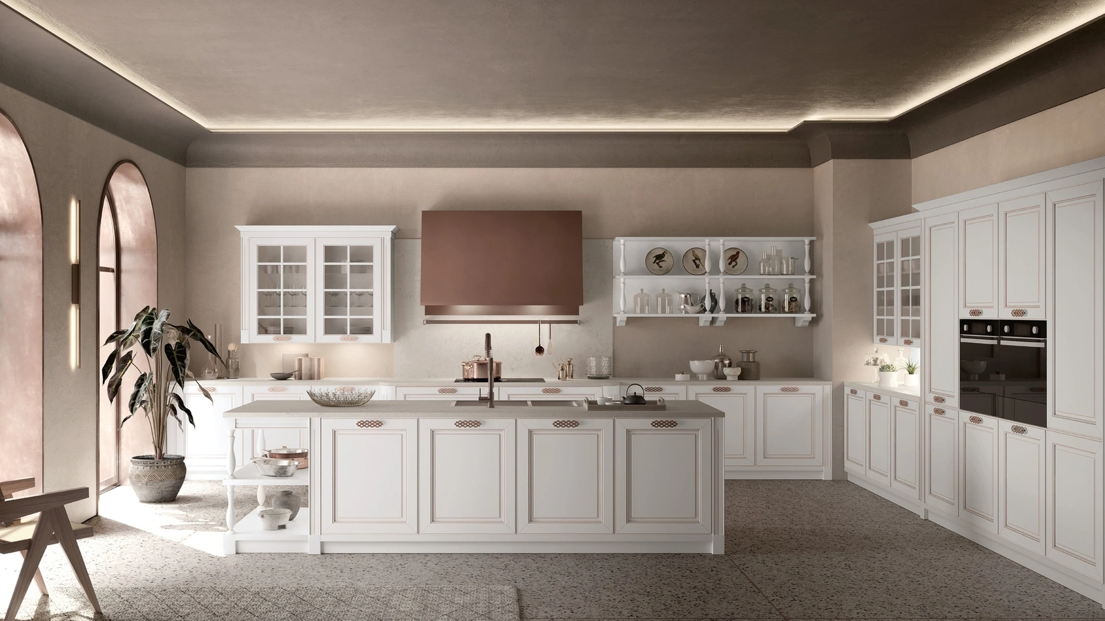 Cucina Classica con isola Dolcevita v01 in Laccato Bianco filo Bronzo di Stosa