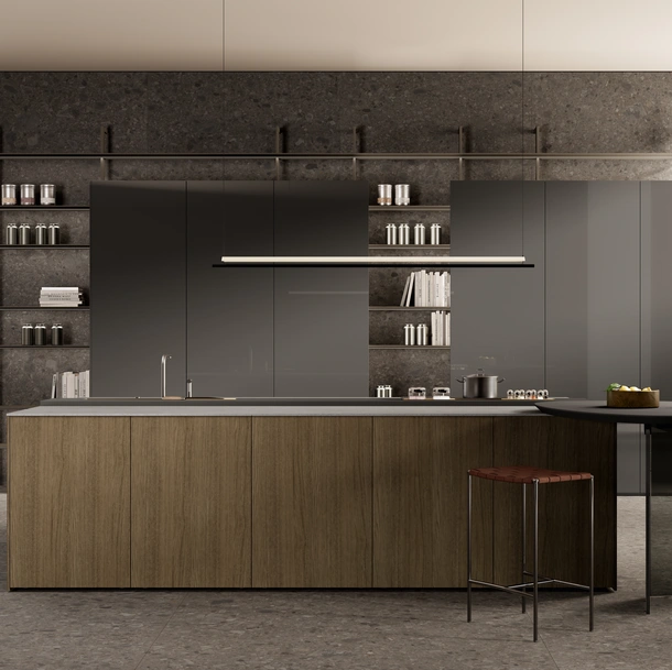 Cucina Design in laccato lucido con isola in legno One 06 di Ernestomeda