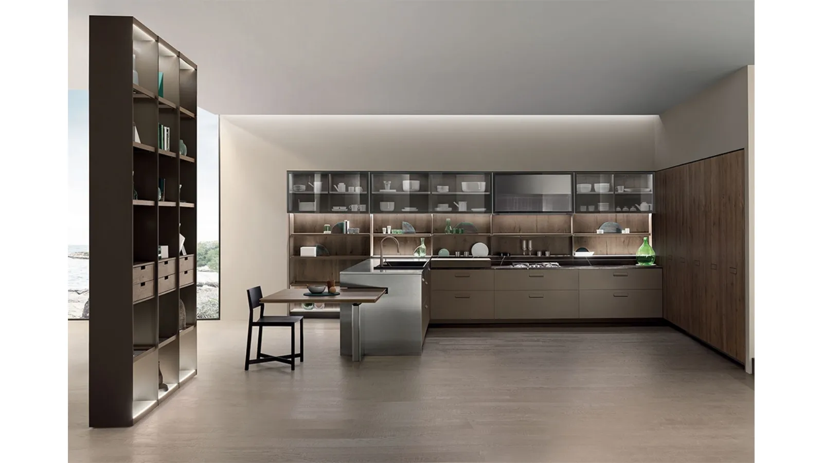 Cucina Design con penisola Soul 02ra d'Ombra Nodato e Laccato opaco di Ernestomeda