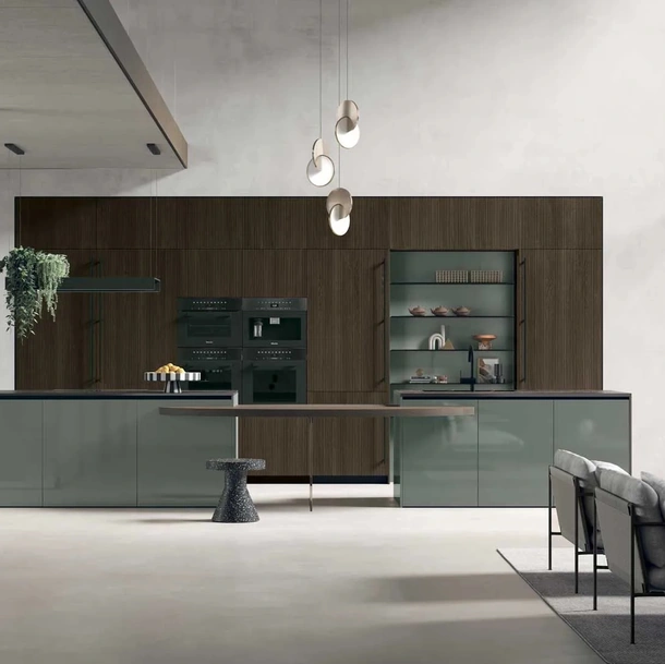 Cucina Moderna con isola Color Trend 09 in Rovere Termocotto Cannettato e laccato lucido Timo e di Stosa