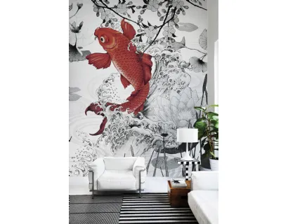 Carta da parati con carpa rossa e sfondo in bianco e nero Koi re-edition di London Art