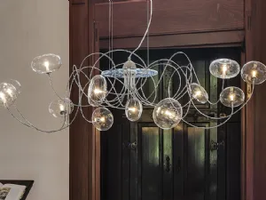 Lampada a sospensione con bracci in cromo e paralumi in cristallo Oktopus di Cattelan Italia