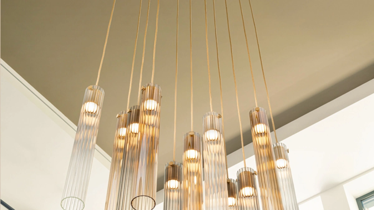 Lampada a sospensione in vetro pyrex cannettato Tube S di Riflessi