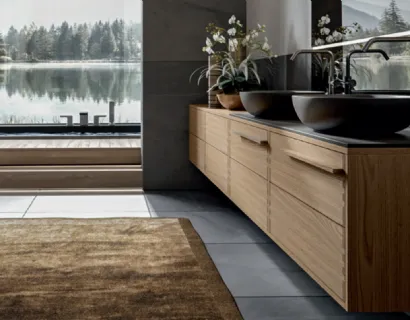 Mobile da Bagno sospeso in Castagno tinto Naturale con top in laminam Calce Nera Ade 001 di Edoné