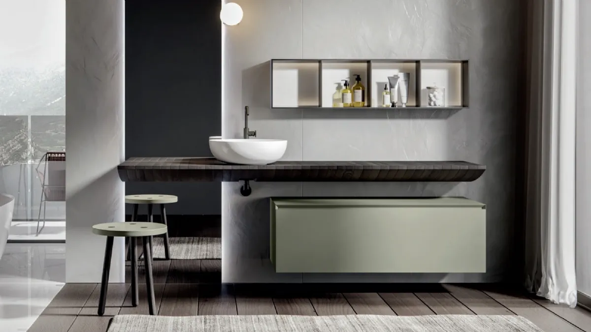 Mobile da Bagno sospeso in laccato opaco con consolle in castagno Chrono 007 di Edoné