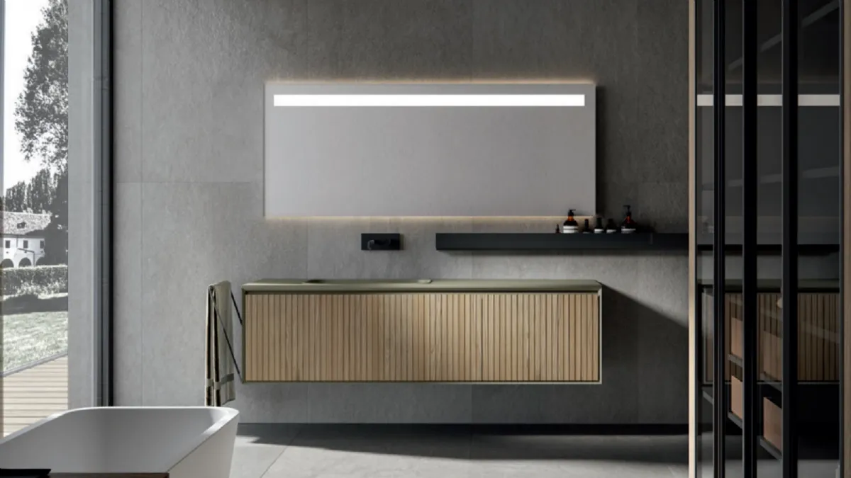 Mobile da Bagno sospeso moderno in Rovere con texture Veneziana naturale Crio di Edoné