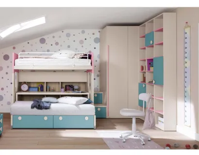 Cameretta in melaminico e laccato azzurro e rosa Alpha Letto a Castello B030 di Doimo Cityline