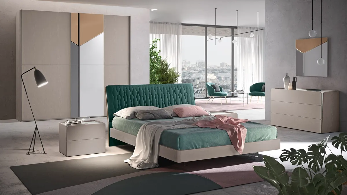 Letto con testiera in tessuto trapuntato e giroletto in materico effetto legno Composizione 25 di Corso 11