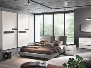Letto Domino imbottito con testiera rivestito Grigio Luce, grafite e bianco grigio di Corso 11