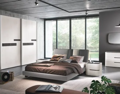 Letto Domino imbottito con testiera rivestito Grigio Luce, grafite e bianco grigio di Corso 11