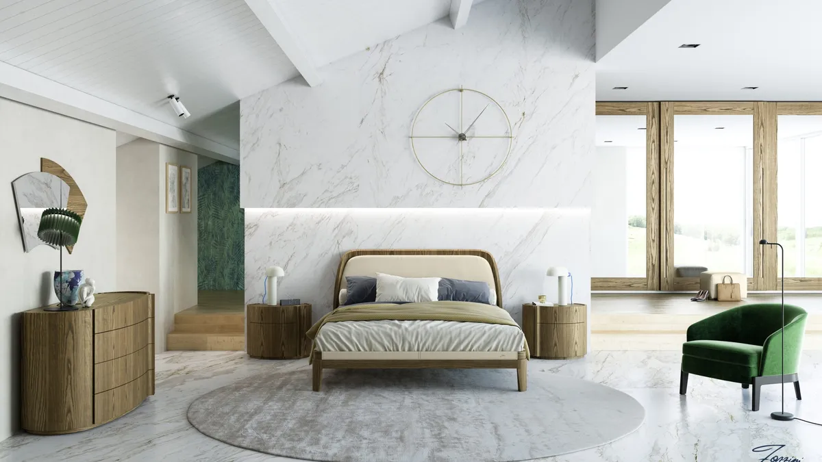Letto matrimoniale in legno con testiera rivestita in pelle Jacqueline di Fazzini
