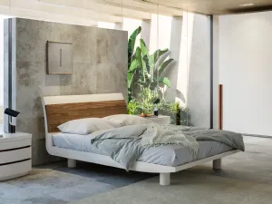 Letto in legno laccato bianco e testiera con inserto in frassino naturale Lekurve di Fazzini