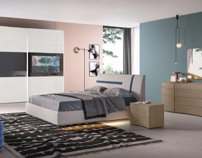 Letto Graffiti imbottito con testiera rivestito tessuto Bianco Grigio e righe Blu indaco di Corso 11