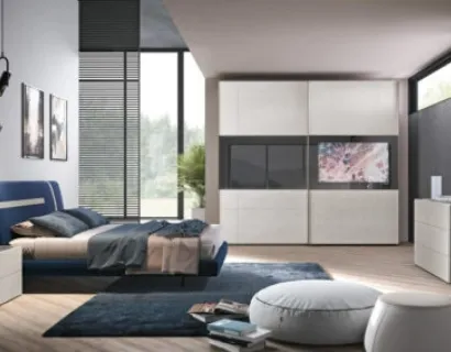 Letto Graffiti testata imbottita rivestita tessuto Blu Indaco e righe bianco grigio di Corso 11