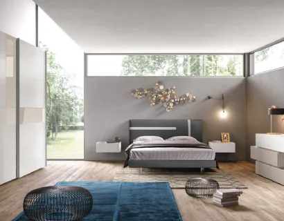 Letto Graffiti con testiera imbottito rivestito tessuto Grafite con righe bianco grigio di Corso 11
