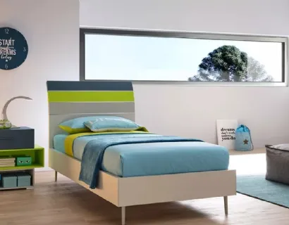 Letto singolo in nobilitato Quarzo con testiera Bend in laccato Pavone, Verde Cedro e  Corda SC113 di Moretti Compact