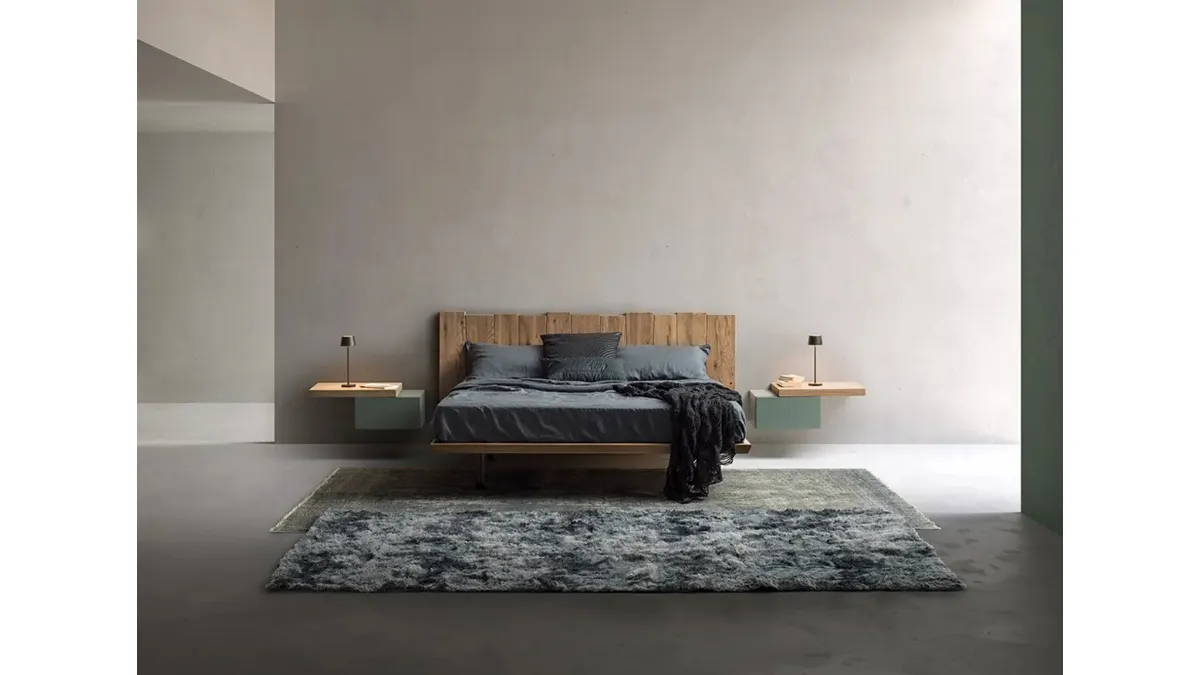 Testiera Sospesa AVA IDMarket 240 Cm - Doghe Bianco E Ripiani Legno Faggio, Per Letti 140/160 Cm