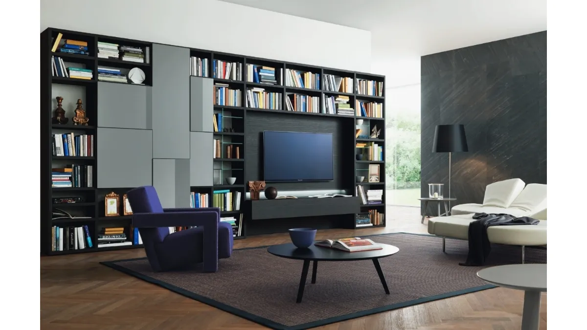 Libreria con vano porta TV Modo M6C72 in laccato opaco e Rovere carbone di Sangiacomo