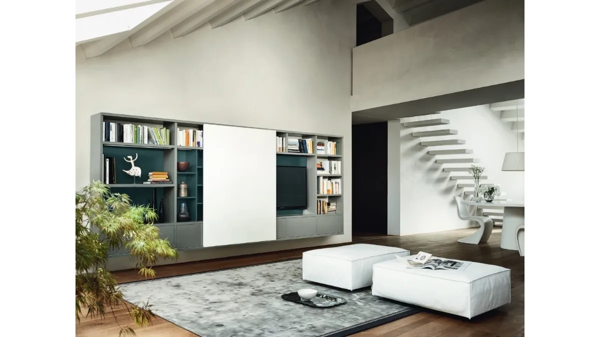 Libreria con vano porta TV Modo M6C76 in laccato opaco di Sangiacomo