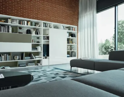 Libreria a muro Modo M6C95 in laccato opaco con anta in vetro lucido di Sangiacomo