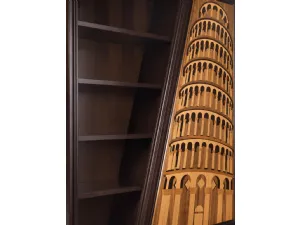 Libreria Palazzi con intarsio che rappresenta la Torre di Pisa con struttura in legno massello con pannelli di listellare lastronato in Noce di Arte Brotto