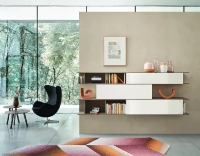 Libreria sospesa Lampo L6C13 in vetro lucido e impiallacciato Rovere di Sangiacomo