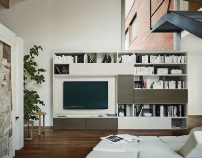 Libreria con vano porta TV Modo M6C73 in laccato opaco e materico Loto natura di Sangiacomo