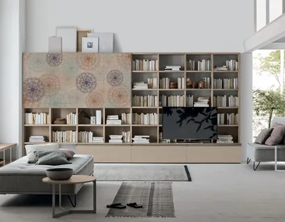 Libreria Atlante UNIT AT218 in materico rovere sabbia con grafica artistica di Tomasella