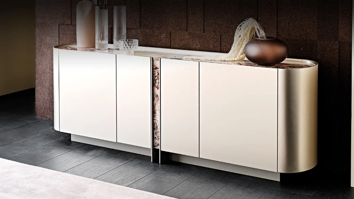 Madia in legno laccato con top e inserto in cristallo con stampa artistica decorativa Dynasty di Cattelan Italia