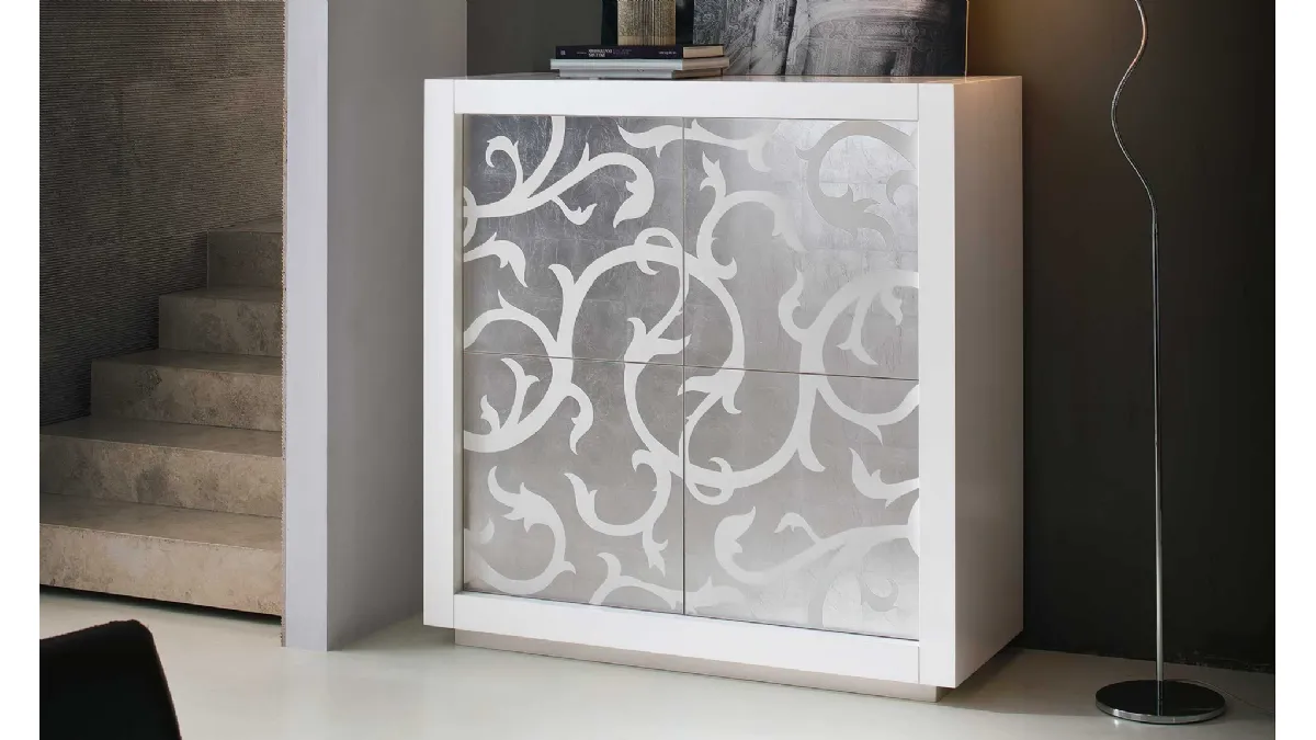 Madia Picasso P2 in Rovere tinto bianco con anta a intarsio in Foglia Argento di Riflessi