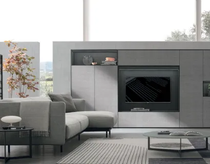 Parete Attrezzata Atlante UNIT AT202 in materico paglia grigio, materico rovere carbone e rovere carbone canettè di Tomasella